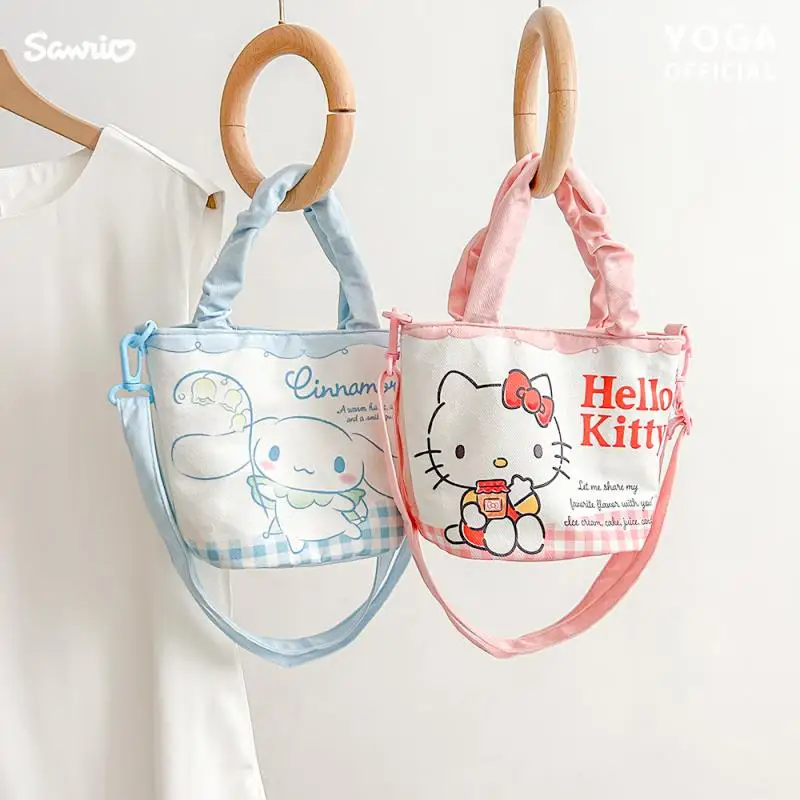 Kawaii Hello Kitty Large Capacity Wrinkled Bucket Bag Cartoon Cinnamoroll My Melody Kuromi Cute Lipstick Key Crossbody Handbag