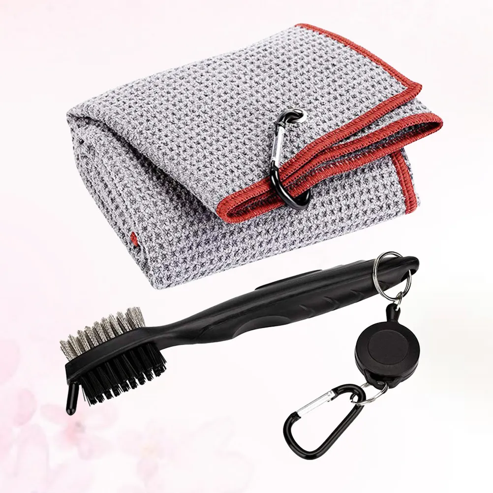 Towel and Brush Cleaning Accessory Cotton Cloth Tri-Fold Towel with Carabiner Double Sided Retractable Club Brush Gap
