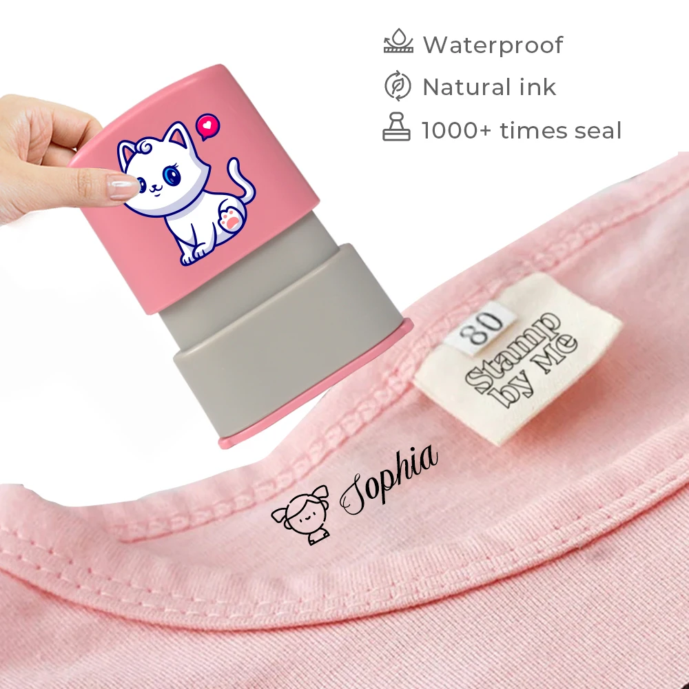 Lindo sello personalizado de gato de dibujos animados para niños, ropa de estudiante, impermeable, Kawaii, Montessori, etiqueta engomada del nombre,