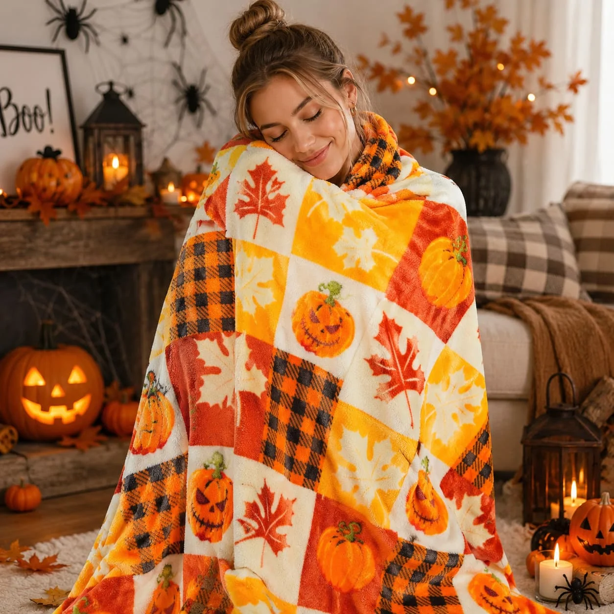 ROMROL Halloween Fleece Throw Blanket Pumpkin Leaves Fall Plaid Soft