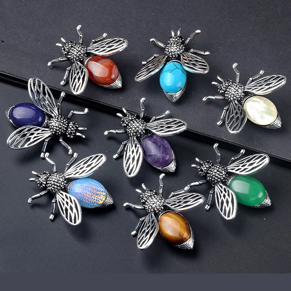 48mm Bee Statue Natural Stone Inlaided Cute Insect Shape Figurine Oval Healing Crystals Gemstone Home Decor Craft Ornament Gift