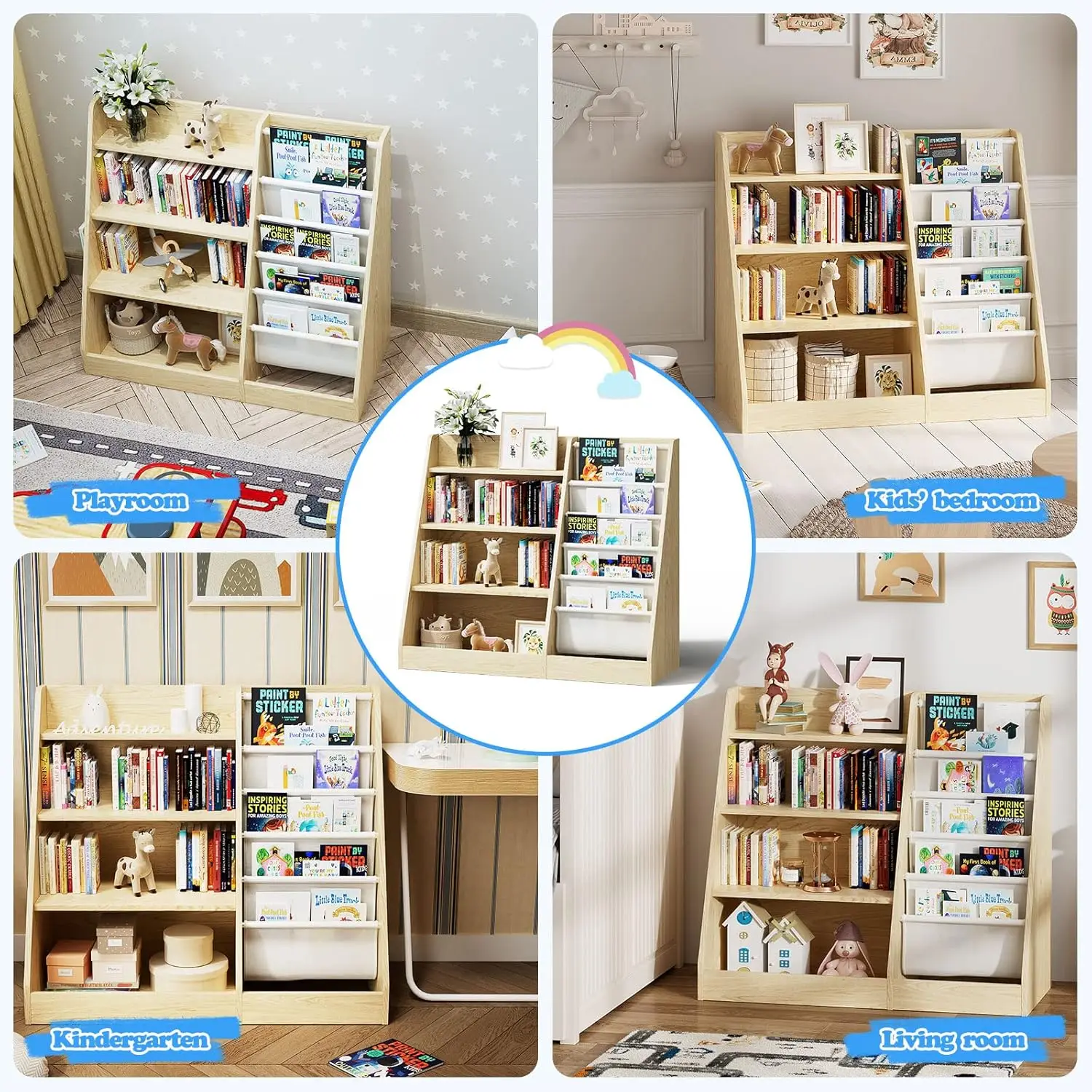 Estantería de madera para niños, estantería para niños con eslinga de cinco capas, estantería para libros de almacenamiento para bebés, cómoda organizadora para libros y juguetes, pantalla de libros