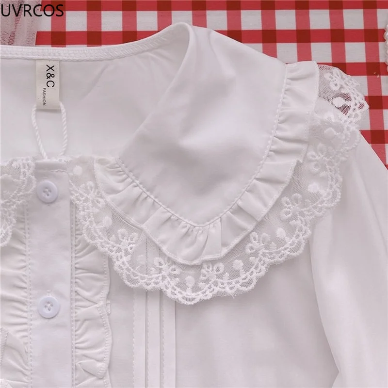 Lolita Shirt White Elegant Women Preppy Style Blouses Cute Peter Pan Collar Lace Ruffle JK Shirts Girls Long Sleeve Blusas Mujer