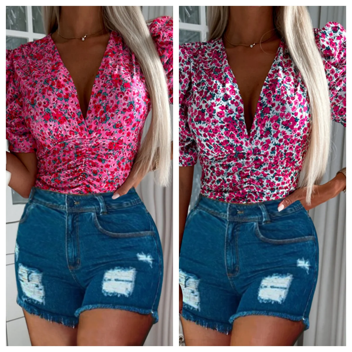 

Europe And The United States Sell Casual Floral V-neck Bubble Short-sleeved Knitted Women's Top T-shirt