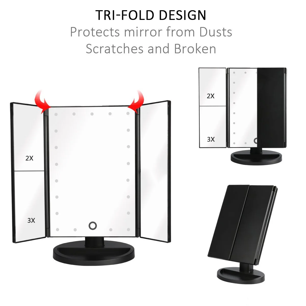 21 LED Lights Touch Screen Floor Mount Lighted Vanity Mirror Travel Makeup Mirror with Two Power Supply Modes Magnifying Feature