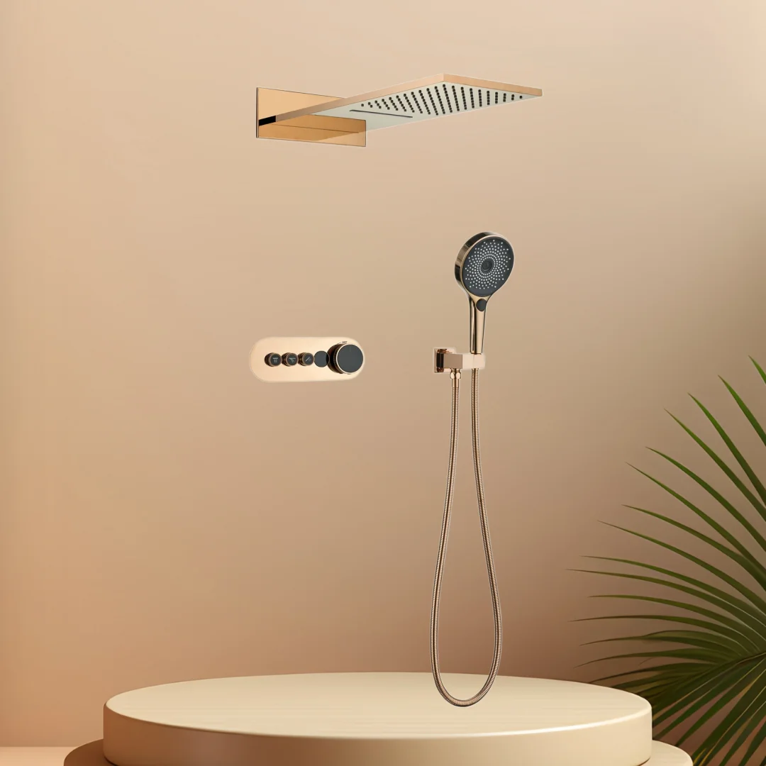 Rose Gold Bathroom Shower Faucet Set Brushed Gold Concealed Rainfall Shower Faucet Black Ceiling Thermostatic Shower Mixer