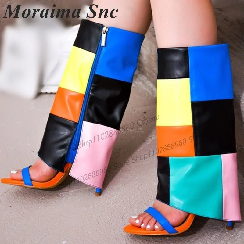 

Turned-Over Mixed Color Grid Patchwork Sandal Boots Stilettos High Heel Women Shoes Side Zipper Open Toe Zapatos Para Mujere