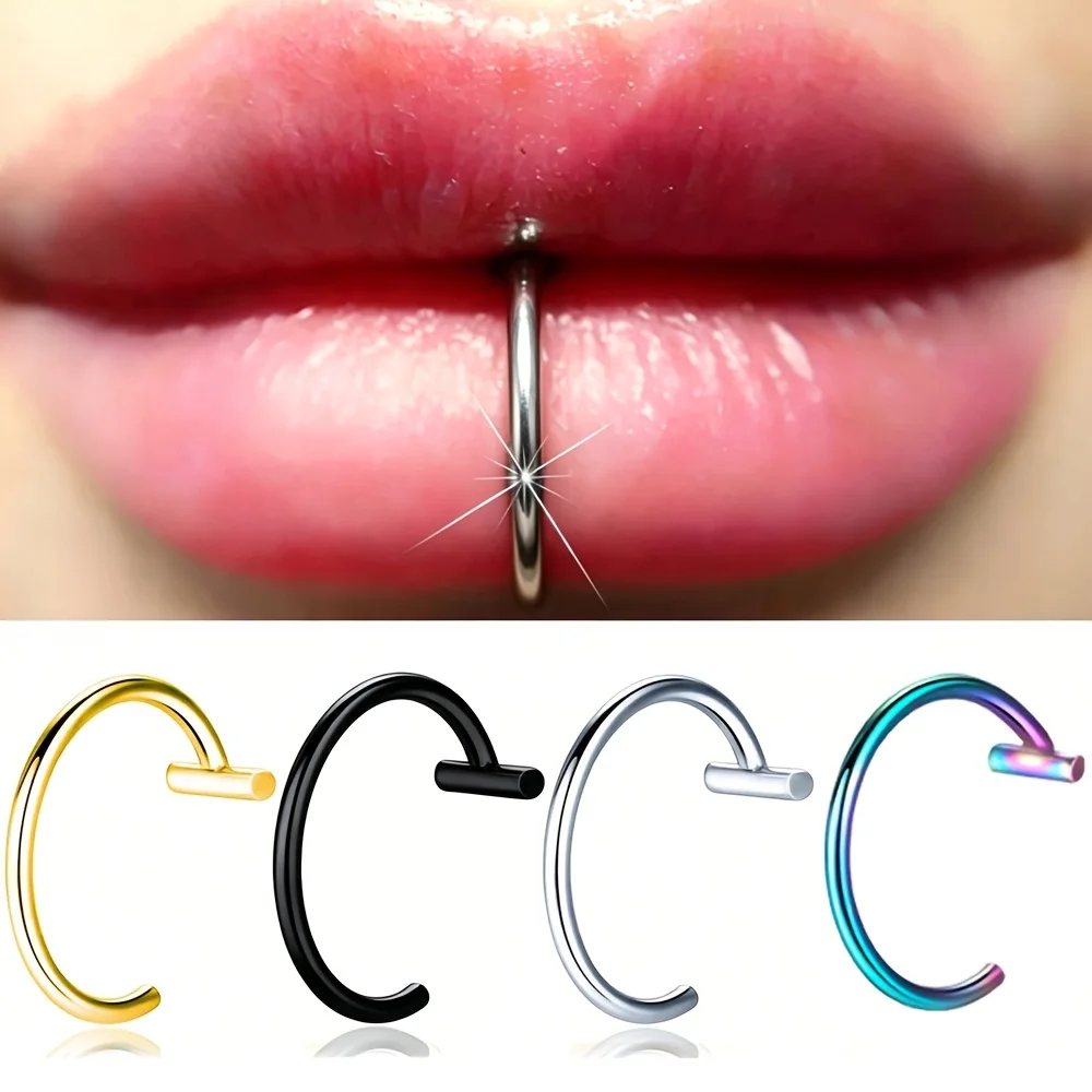 4pcs Punk Gothic T-Bar Clip-On Non-Piercing Lip Rings Stainless Steel Fake Piercing Nose Rings Cartilage Septum Rings Jewelry