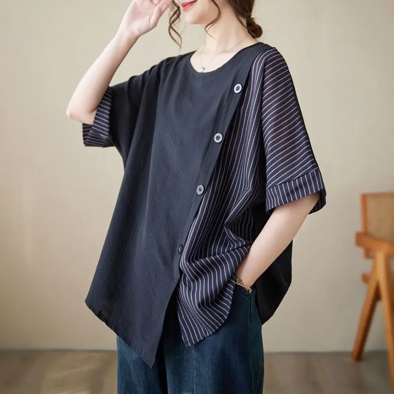 Women Summer Simplicity Loose Large Size Cotton and Linen Striped O-neck Short Sleeve T-Shirt Women Clothes Casual Trend Tops