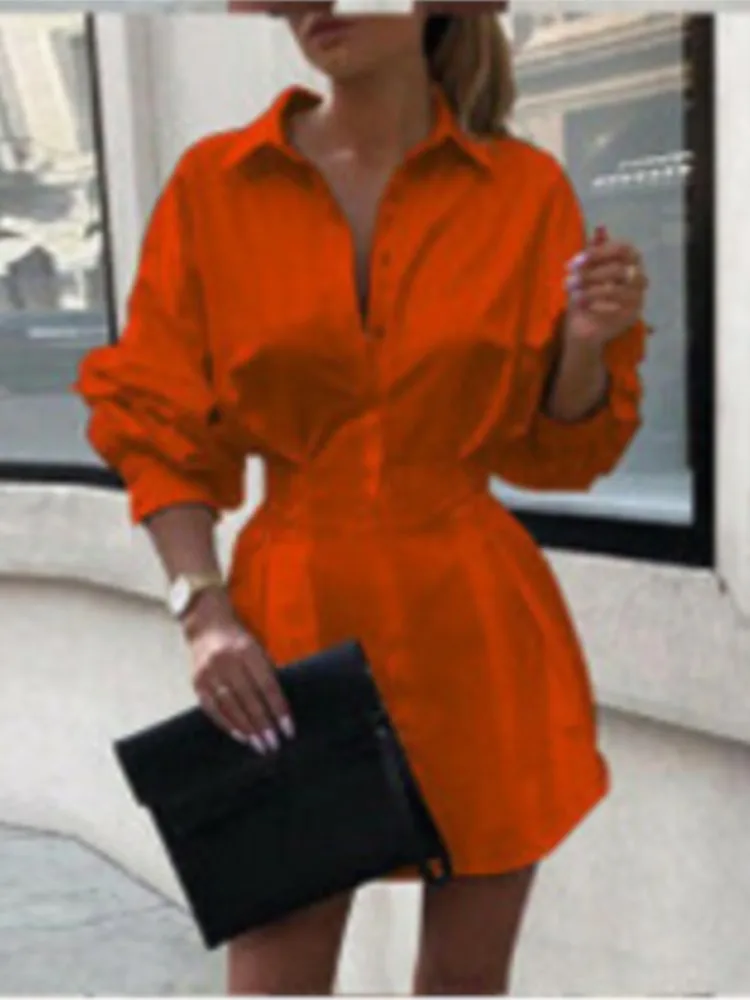 Bonito vestido camisero de estilo nuevo de primavera para mujer, camisa decorativa con botones en la cintura de Color sólido, vestido informal elegante para ir al trabajo en la oficina