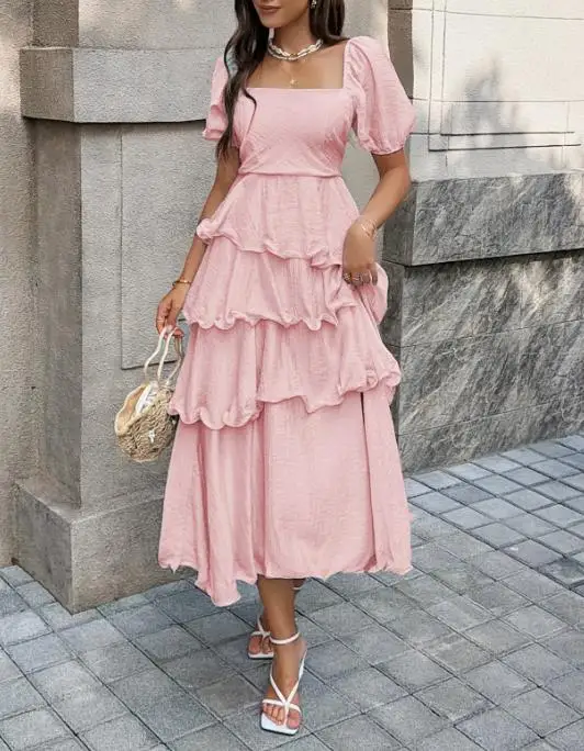 Vestidos Femininos 2026 Primavera Verão Novo Vestido Longo Casual de Cor Sólida com Decote Quadrado, Manga Bufante, Cintura Alta e Costas Abertas em Camadas