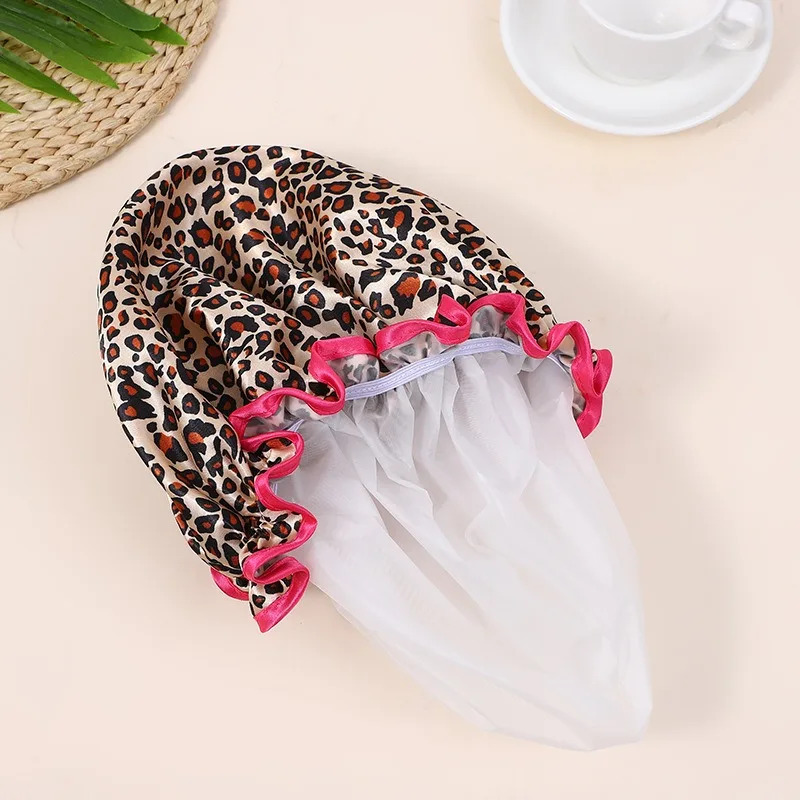 1PC Waterproof Shower Cap Leopard Print Double Layer Elastic Shower Hair Cover Reusable Wave Point Shower Cap Bathroom Supplies