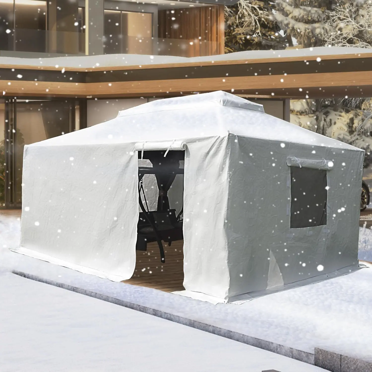 Gazebo Cover 371 X 490cm Universal Waterproof All-Season Hardtop  Canopy Pergola Ventilated Mesh Windows Enclosed Sidewalls