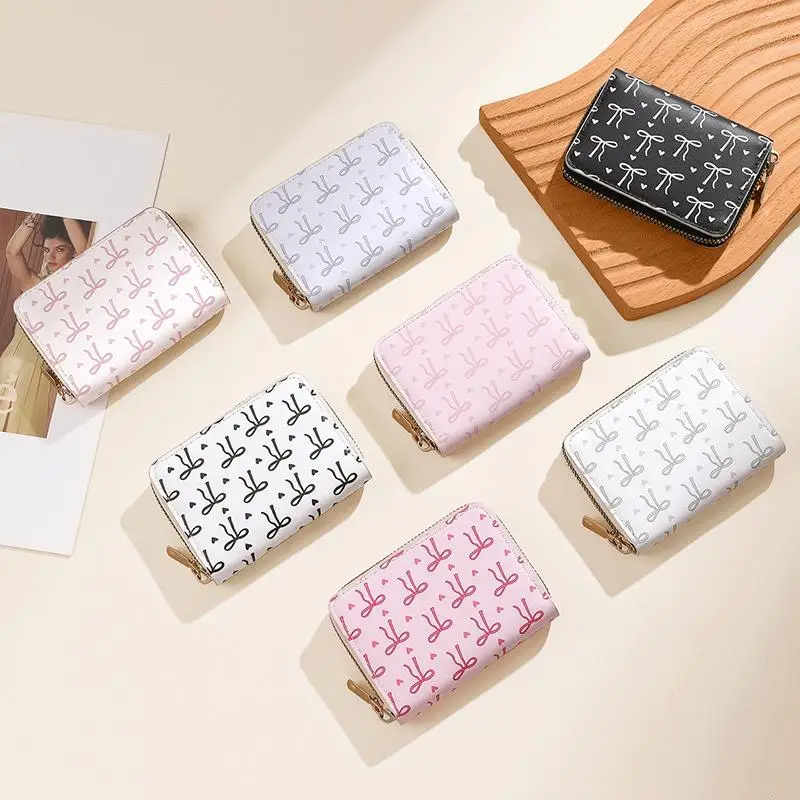 Cute Bow Print PU Leather Card Holder Wallet With Multiple Slots And Zipper Closure Perfect For Daily Use Shopping Travel