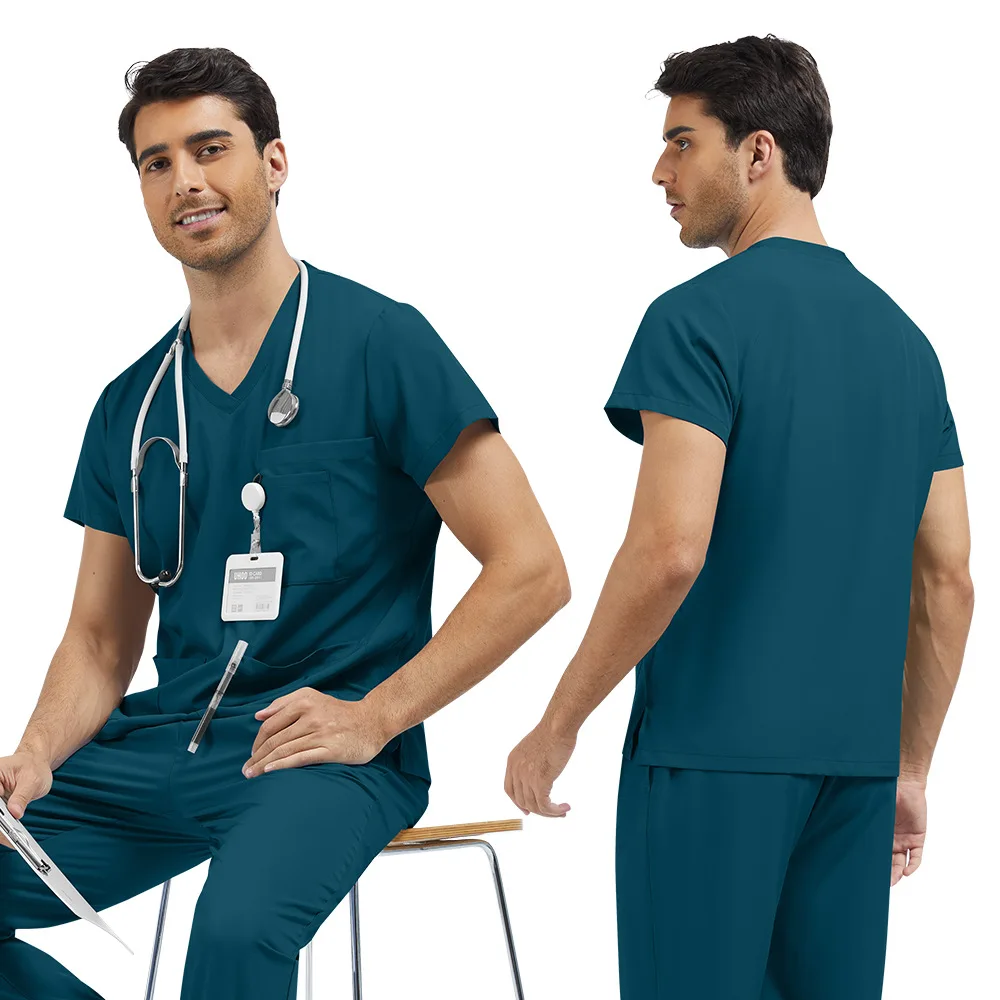 Unisex V Neck Medical Scrub Set Stretch Short Sleeve Multi Pocket  Drawstring Pants Doctor Nurse Hospital Surgical Workwear