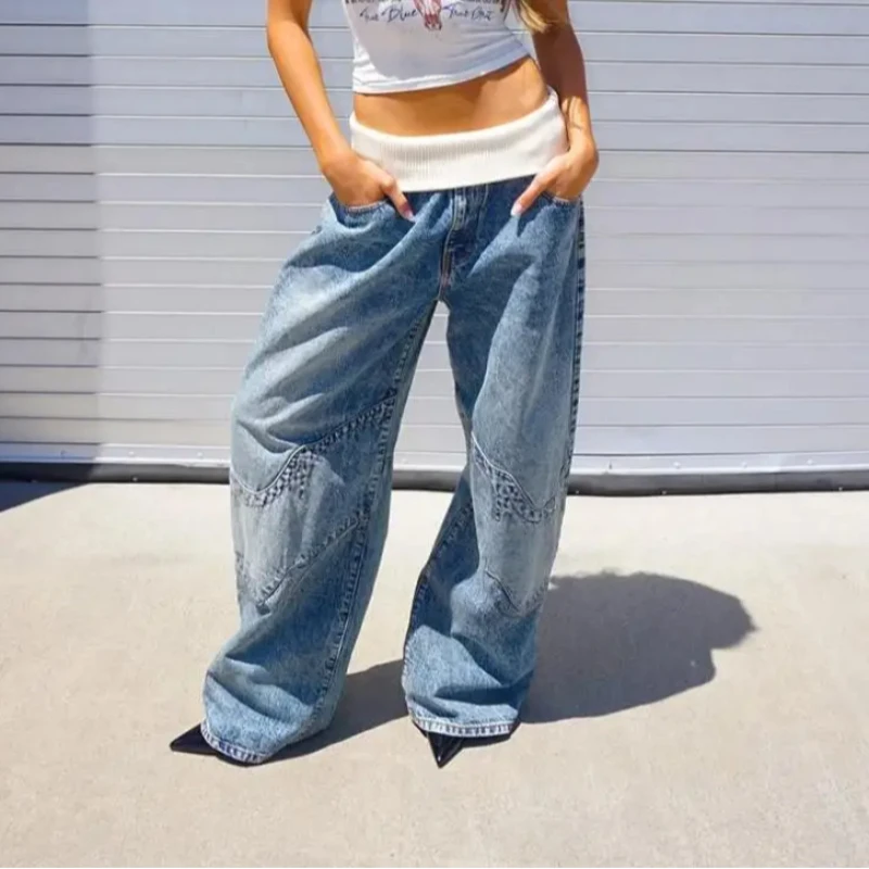 

American Retro Street Washed Distress Jeans Men's Women’s Straight Cut Wide Leg Loose Splicing Fashion Design Casual Long Pants