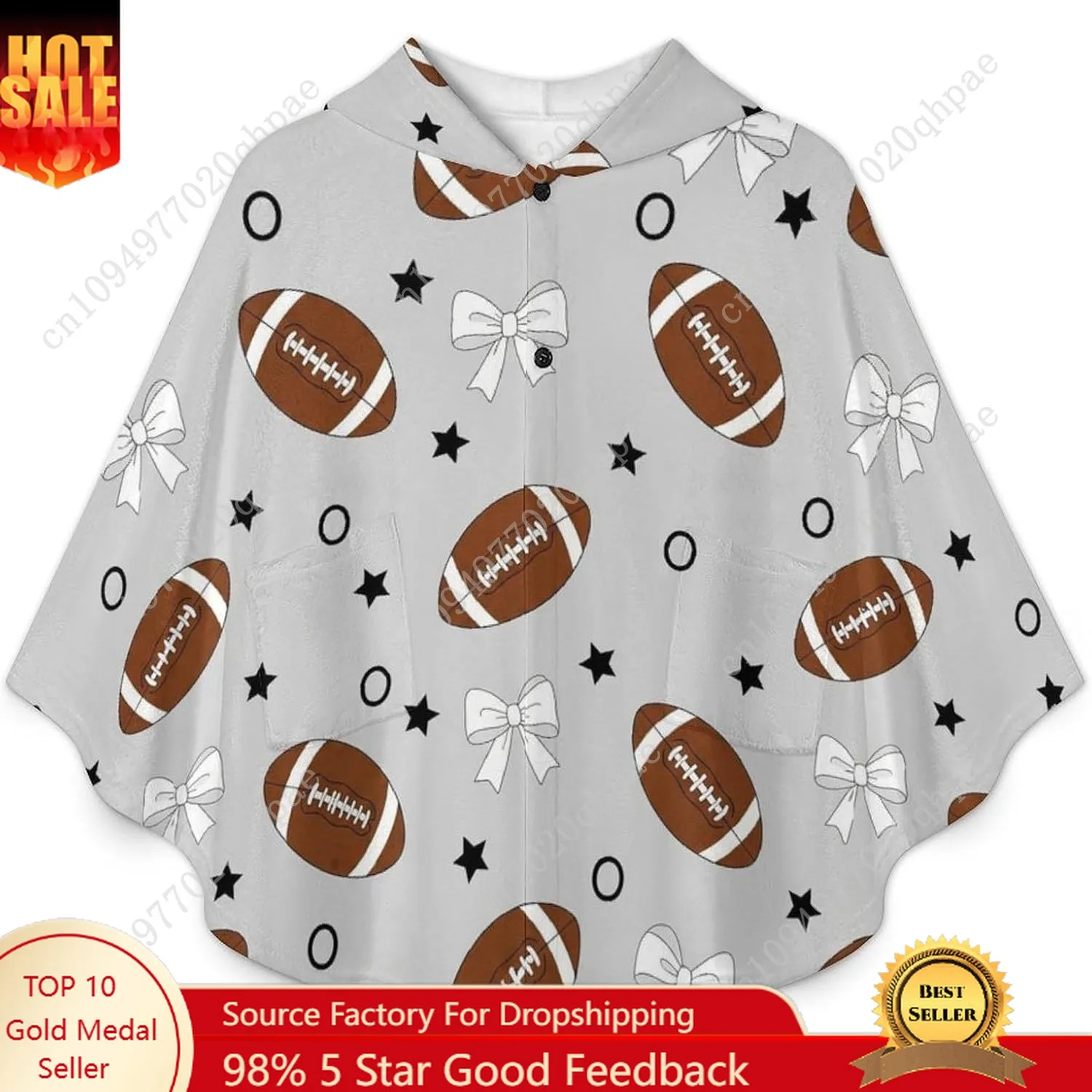 سترة بطانية مريحة من الفلانيل، هوديي كبير الحجم بأقواس كرة القدم مع جيوب للأطفال والمراهقين