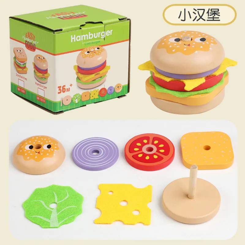 Conjunto de brincadeira de refeição de hambúrguer de madeira – Brinquedo infantil com batatas fritas, tartas de ovos e sanduíches