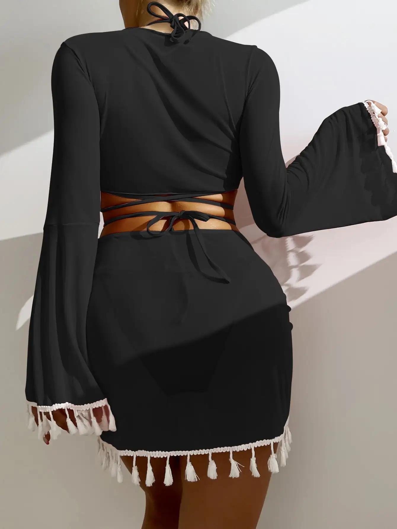 

Однотонный купальник с кисточками на шнуровке из четырех предметов, женский дизайн с узлом, повседневная спортивная одежда, материал полиэстер, лето