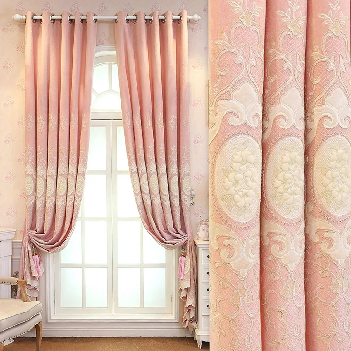 2 Panels Gentle Pink European Vertical Pattern Embroidered Blackout Curtains, Solid Fabric Grommet Window Curtains, Luxury Finished Curtains for Bedroom Living Room Home Decor