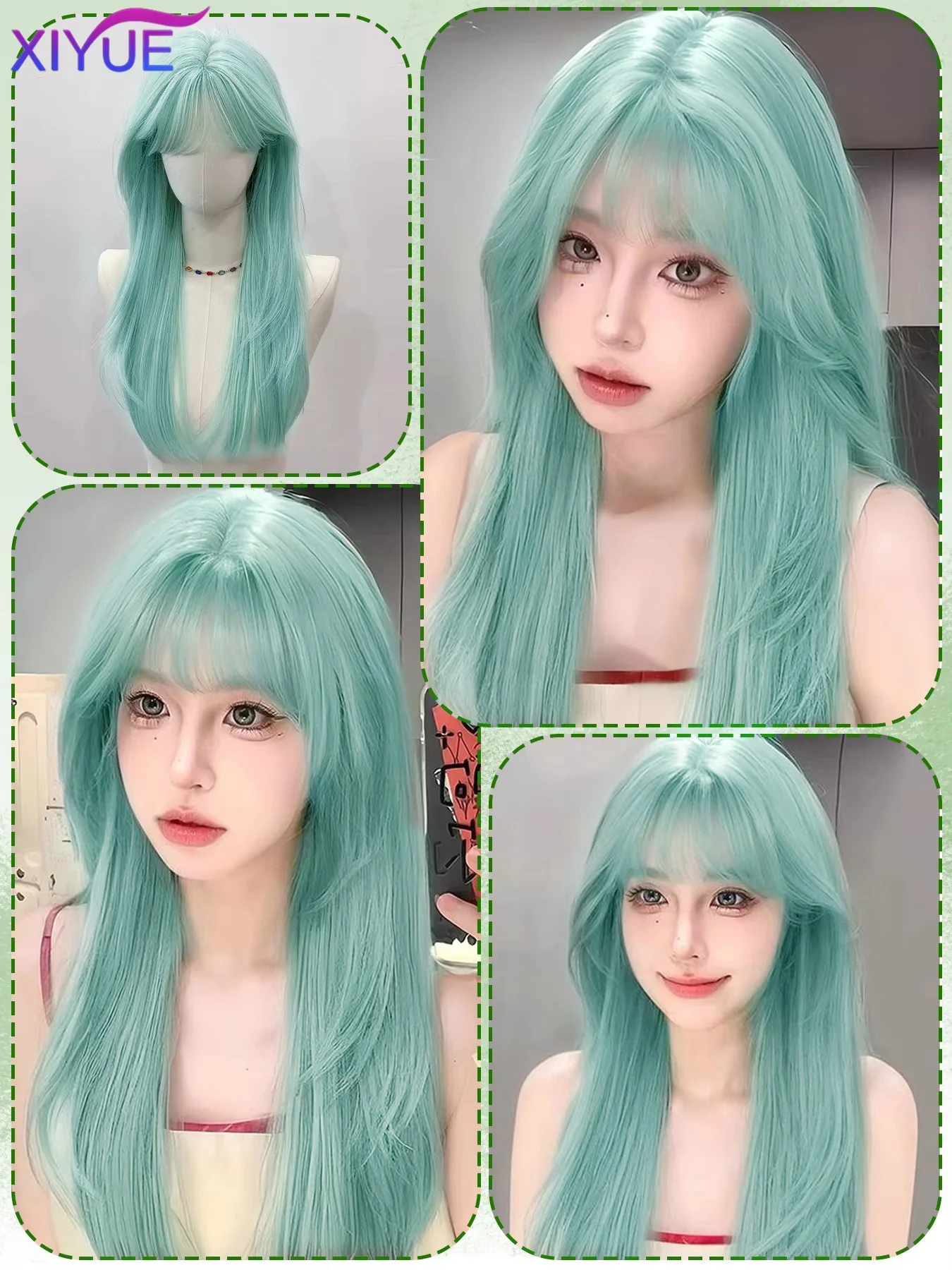 XIYUE Light Green Long Wavy Synthetic Wigs with Bangs Light Green Cosplay Wig for Women Lolita Wig Heat Resistant Natural Hair