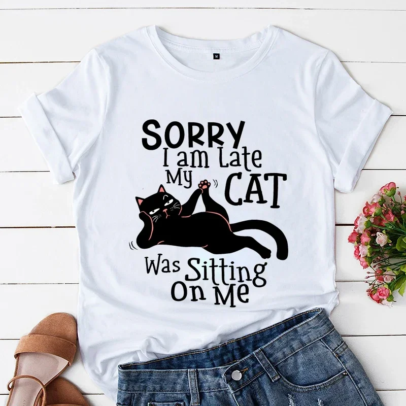 Kawaii Cartoon Cat Lover Printed T Shirt Women Fashion T Shirt Sorry I Am Late My Cat Was Sitting on Me Casual Girls Ladies Tops