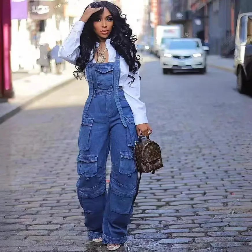 Women\'S Jumpsuits Fashion Loose Multi-Pocket Sleeveless Suspender Denim Jumpsuit Street Wear Casual Baggy Cargo Jean Jumpsuit