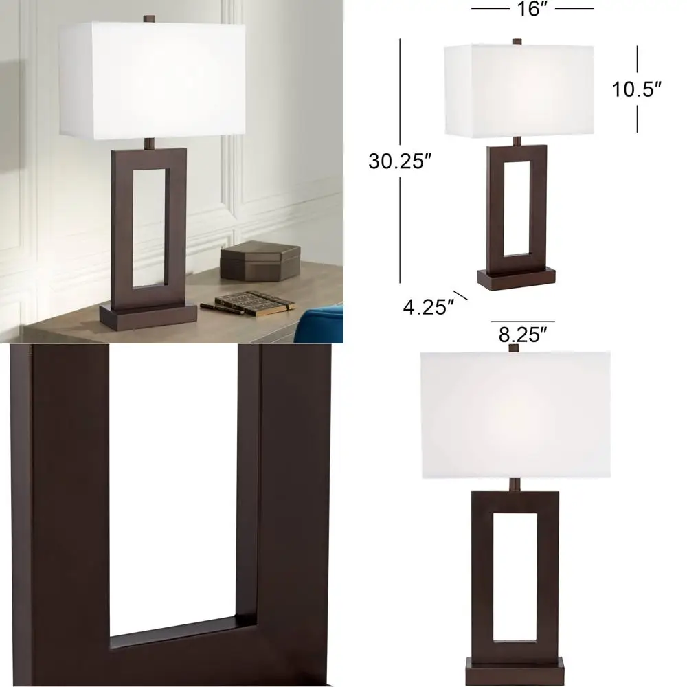 مصباح طاولة صناعي حديث بطول 30.5 بوصة من المعدن البني البرونزي المستطيل باللون الأبيض لديكور غرفة النوم وغرفة المعيشة