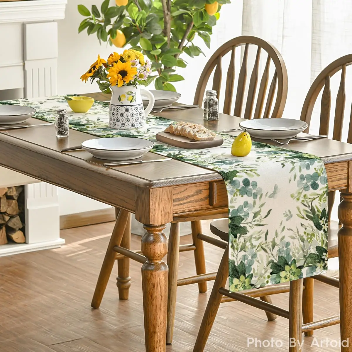 Spring Green Flowers Eucalyptus Linen Table Runner Holiday Party Decor Farmhouse Kitchen Dining Table Runner Wedding Decoration