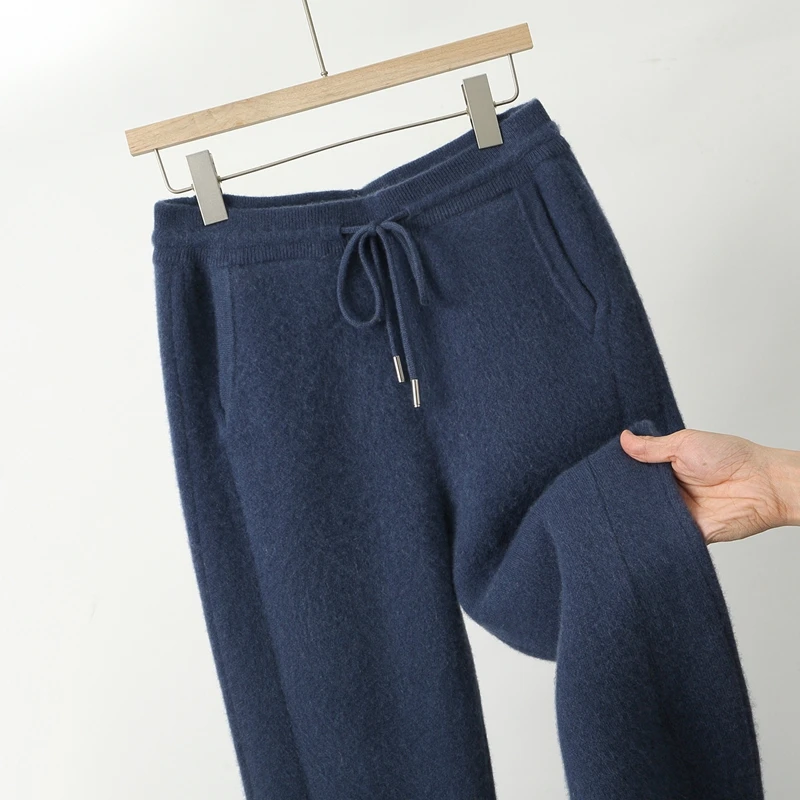 New Men Knitted Pleated Ankle Pants 100% Pure Wool Plane Thicken Pants Pocket Decoration High quality Warmth Ventilate Long Pant