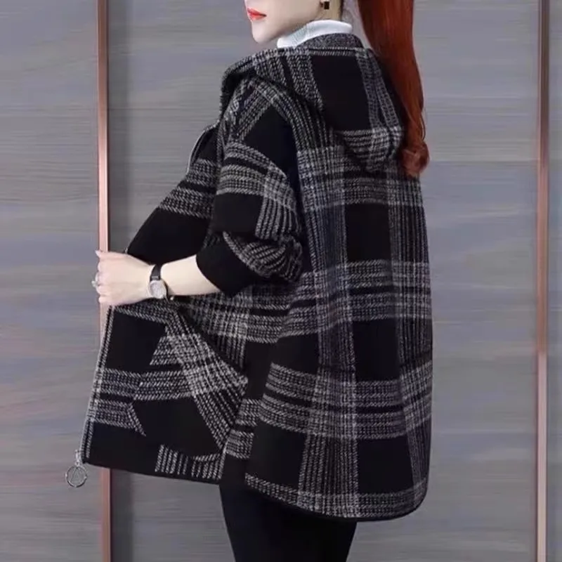 5XL Large Size Plush Thick Warm Coat Autumn Winter Women\'s Hooded Trench Coats Korean Loose Plaid Jacket Female Wild Zipper Tops