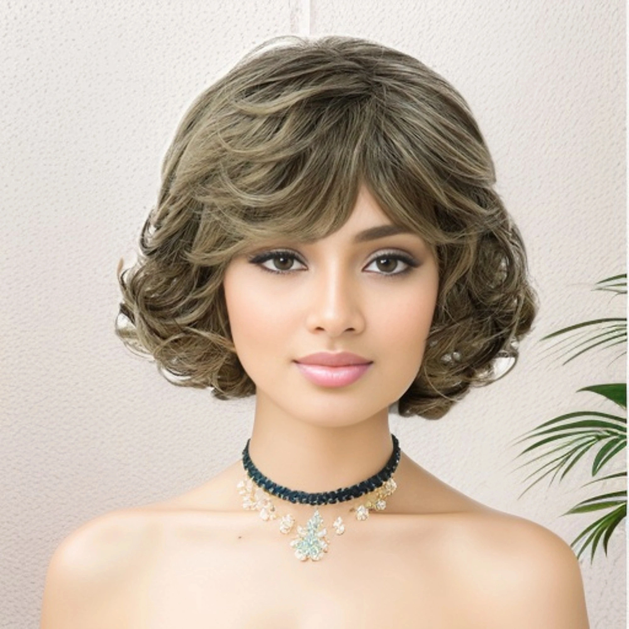 

Synthetic Short Bob Wig with Bangs Mix Brown Hair Natural Fluffy Messy Curly Hairstyle Ladies Daily Cosplay Party Heat Resistant