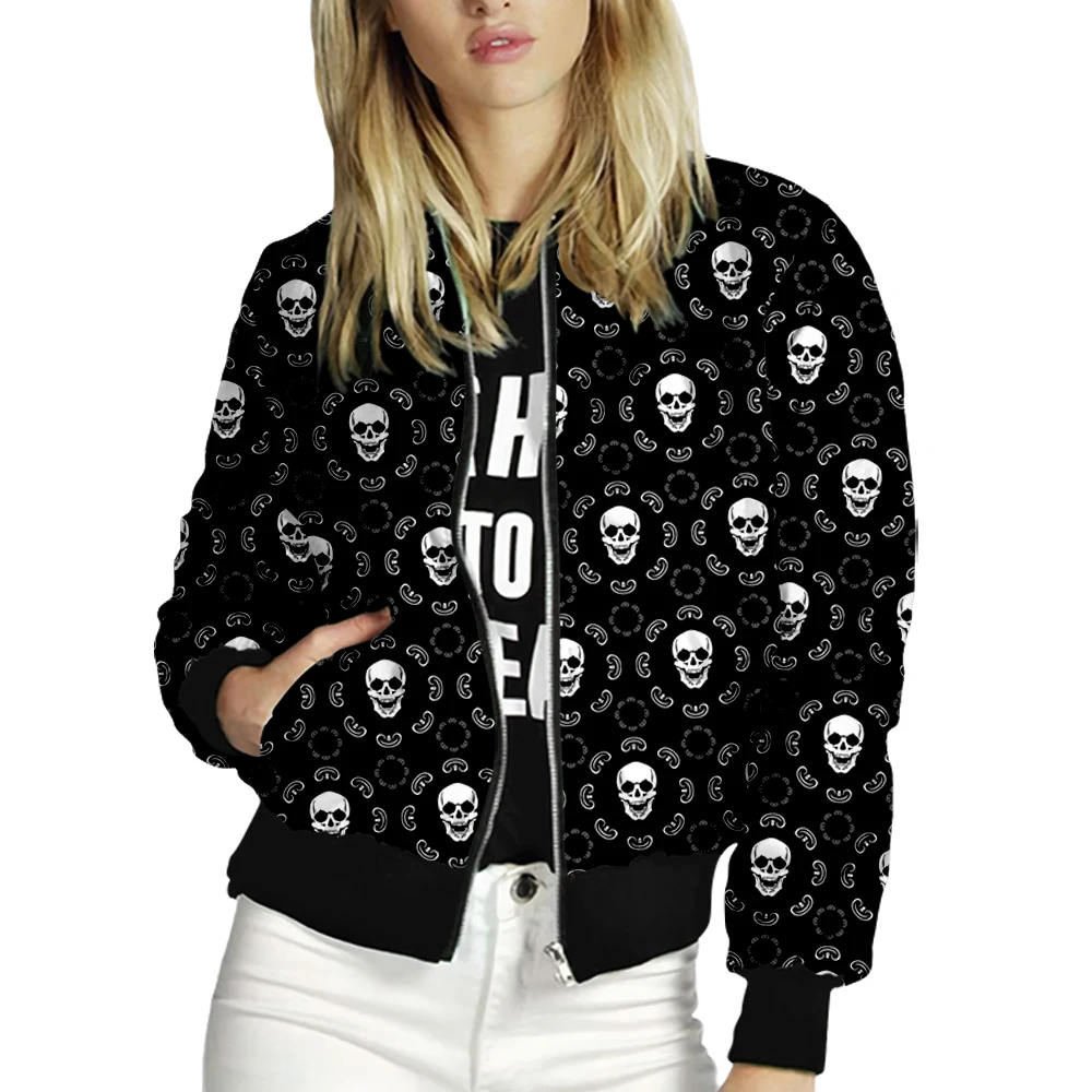 Women\'s Jacket Tops Long Sleeves Skull Print Baseball Collar Zipper Coat Slim Fashion Lady Girls bomber Jacket Street Style