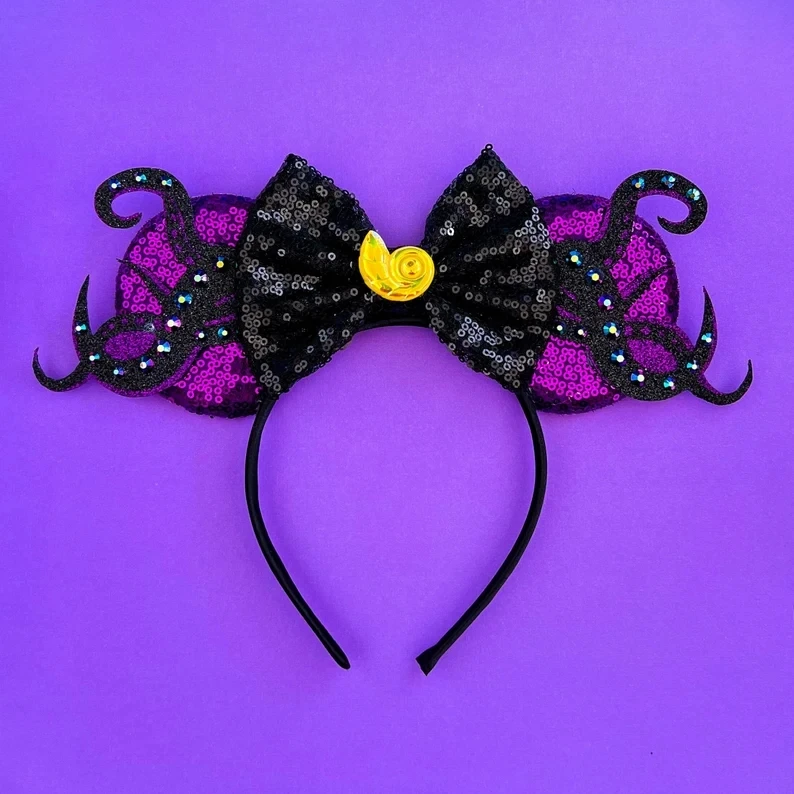 Disney Anime Snow White Ears Headbands Women Evil Queen Skeleton Hairbands Girls Sequins Bow Hair Accessories Kids Cosplay Party