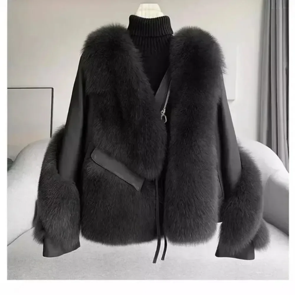 2024 Autumn-winter Fur Onesie Women\'s Fox Fur Coat Spliced Sheepskin Motorcycle Coat Thickened Warm Package Winter Coat Women