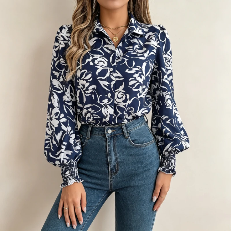 Autumn Winter Women Floral Print Lapel Collar Blouse Long Lantern‑Sleeve Button‑Down Elegant Top Loose‑fit Commuter Casual Shirt