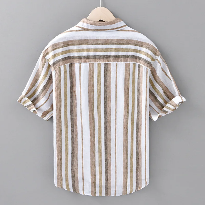 New 100%Linen Shirt Men Summer Beach Breathable Men Tops Harajuku Fashion Men Short Sleeve Striped Shirts Causal Vintage Clothes