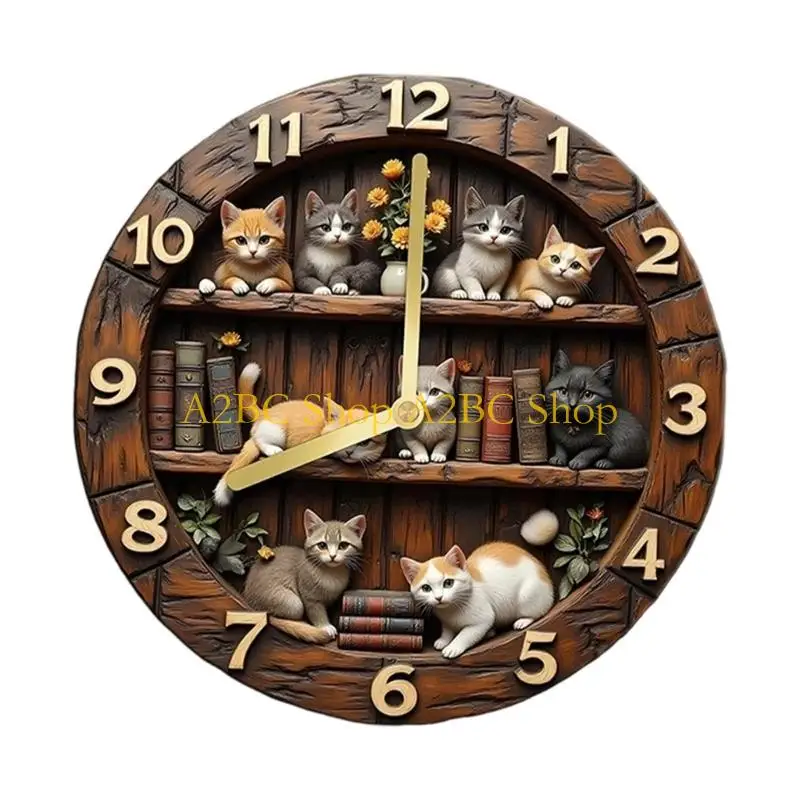 A2BC Adorable Feline Themed Wall Mounted Clock with Precise Mechanism for Home