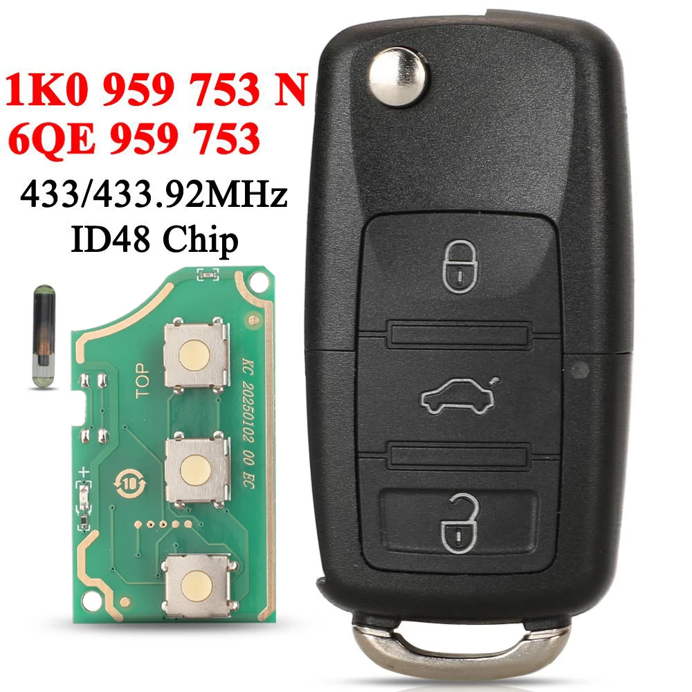 Jingyuqin 1K0 959 753 N For VW Volkswagen Golf Jetta Golf Passat Beetle 434Mhz Flip Remote Key ID48 Chip 3 Buttons 6QE 959 753
