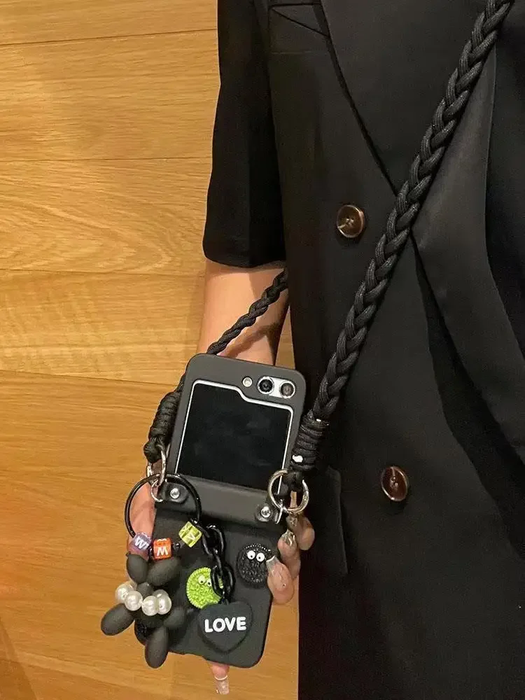 Luxury Fashion Cookies Crossbody Lanyard Hinge Phone case For Samsung Galaxy Z Flip 7 6 5 4 3 5G Cute Dog Pendant Folding Cover