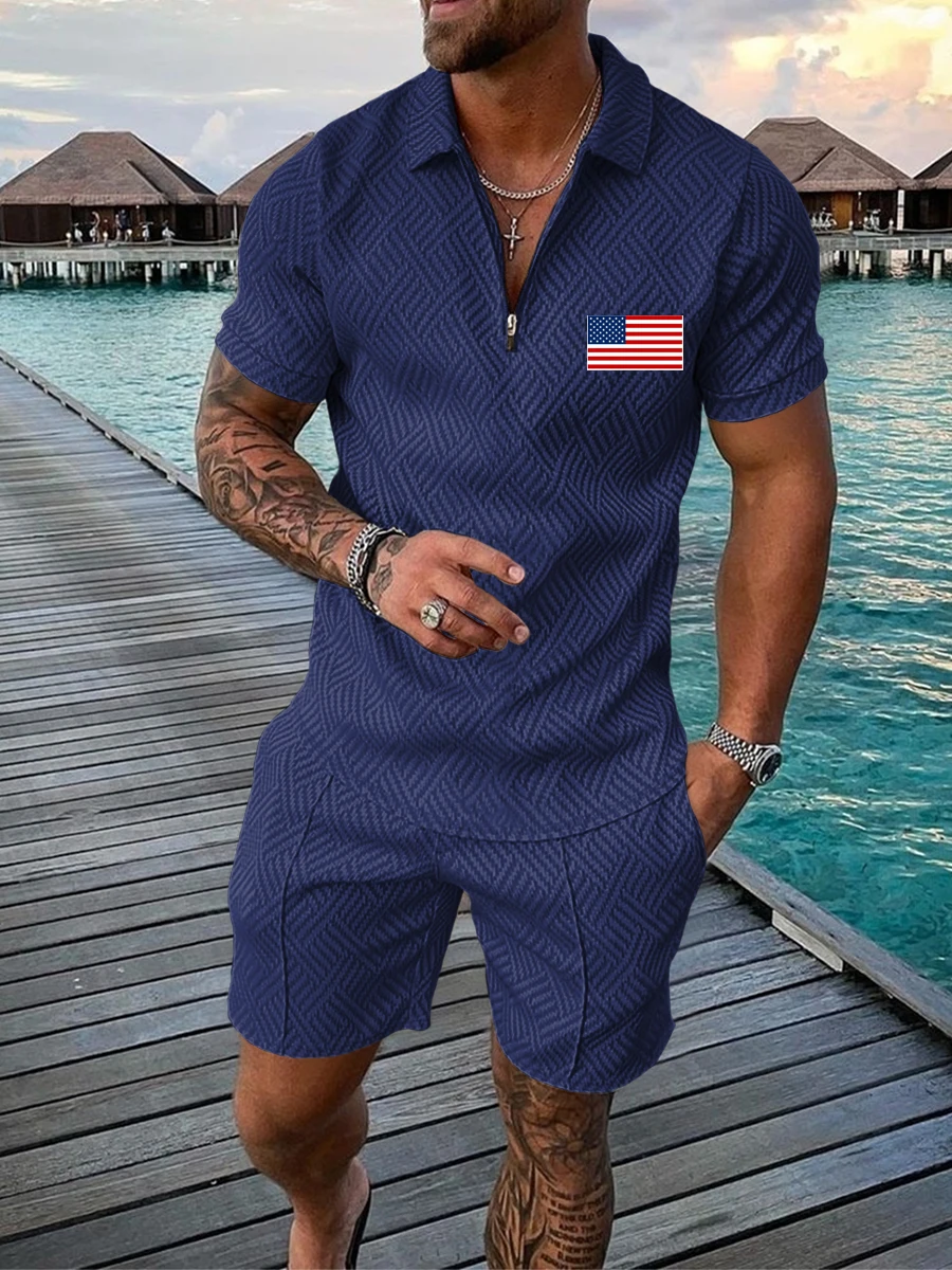 Nova bandeira americana polo conjuntos de treino masculino cor sólida impressão 3d polo camisas com zíper manga curta + shorts conjunto para homem