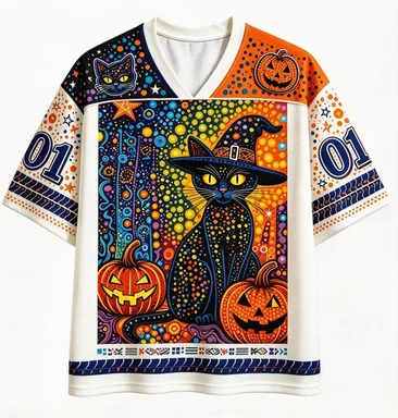 Halloween Polka Dot Black Witch Cat Print Sports Jersey Pumpkin Bat Black Cat Breathable Mesh Polka Dot Art Casual Loose T-shirt