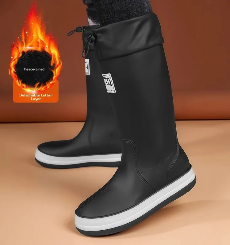Men's Winter High-Top Fleece Lined Snow Boots Outdoor Waterproof Anti-Slip Rain Shoes Leather Fur Integrated High Tube Rain B...