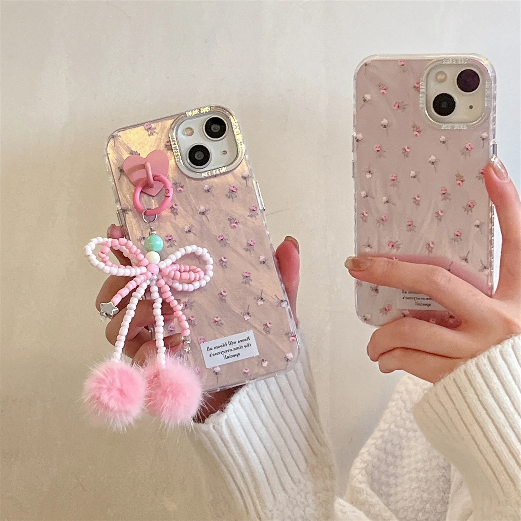 

Korean Luxury Plating Full Screen Flower Hairball Bow Pendant Case for iPhone 11 12 13 14 Pro Max Back Cover