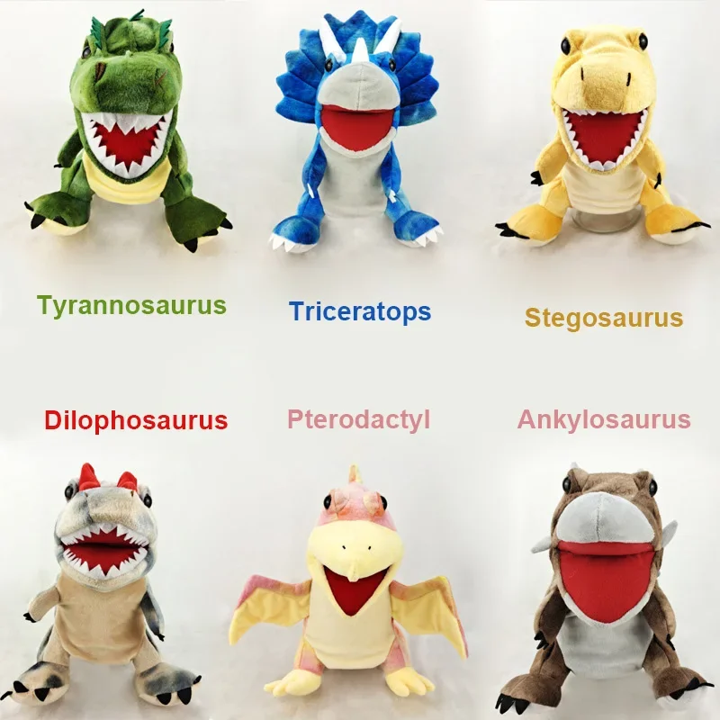 New 11 style Dinosaur Hand Puppet Plush toys Kindergarten performance Hand control glovesTriceratops Tyrannosaurus Dilophosaurus