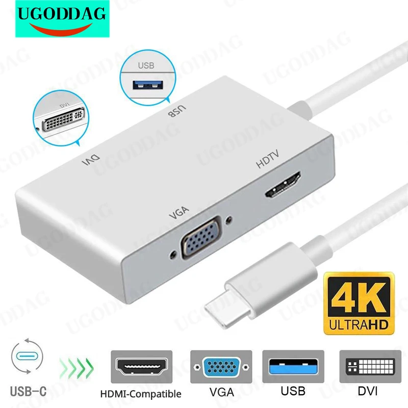 USB 3.1 Type-C Hub to HDMI-Compatible DVI 4K VGA USB Adaptor Converter Multi Monitors Adapter for Air Monitors Projector