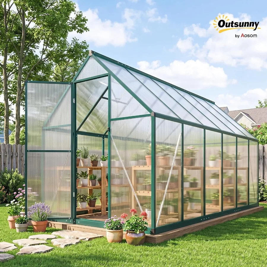 11x6 Feet Polycarbonate Greenhouse with Swing Door for outdoor gardening, durable polycarbonate panels, green color, UV-resista
