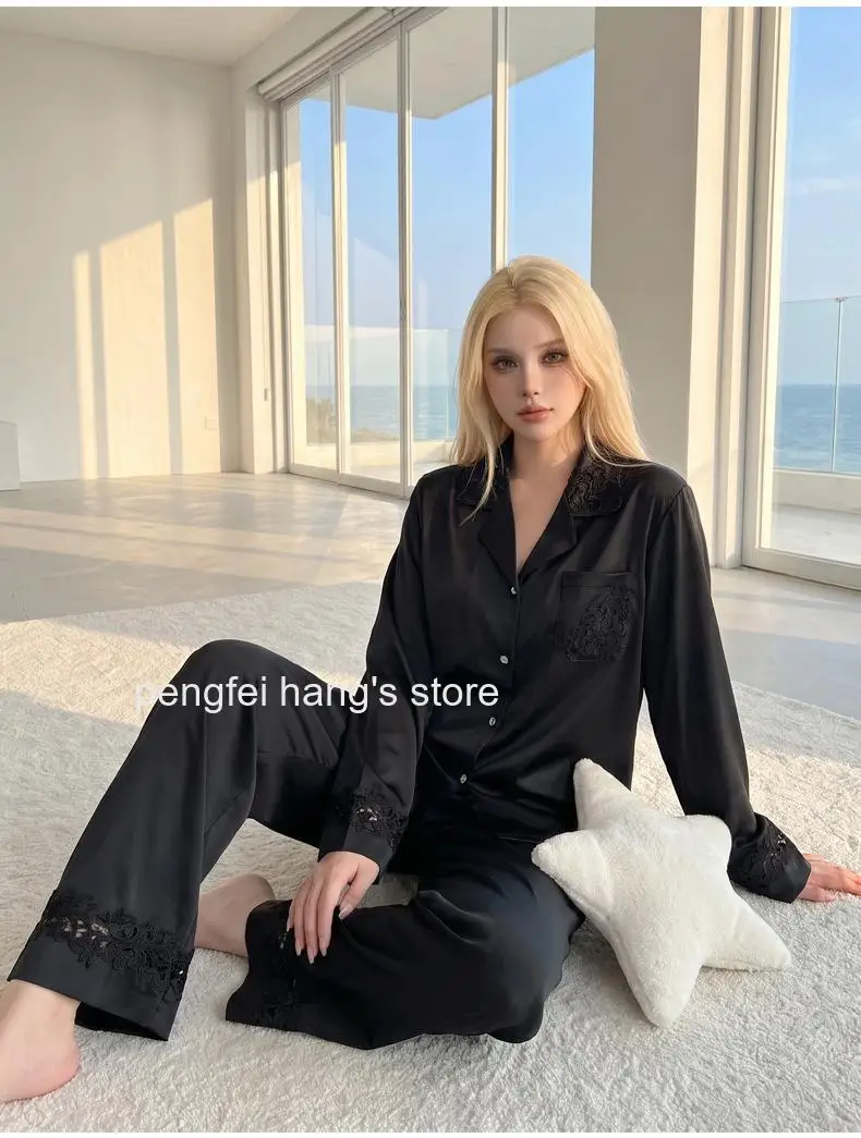 Women Acetate Ice Silk Pajamas, Spring Autumn Thin Solid Long Sleeve Long Pants Homewear, Elegant Hollow Out Sleepwear