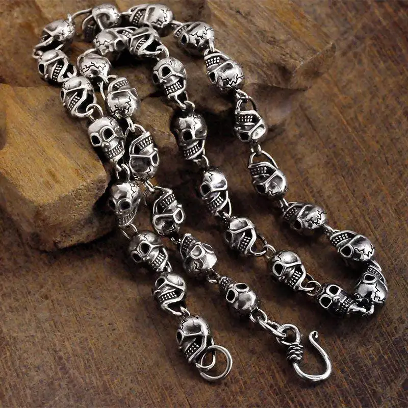 

UMQ S925 Silver Skull Necklace Thai Silver Retro Hip Hop Trendy Men Street Cool Domineering Silver Necklace