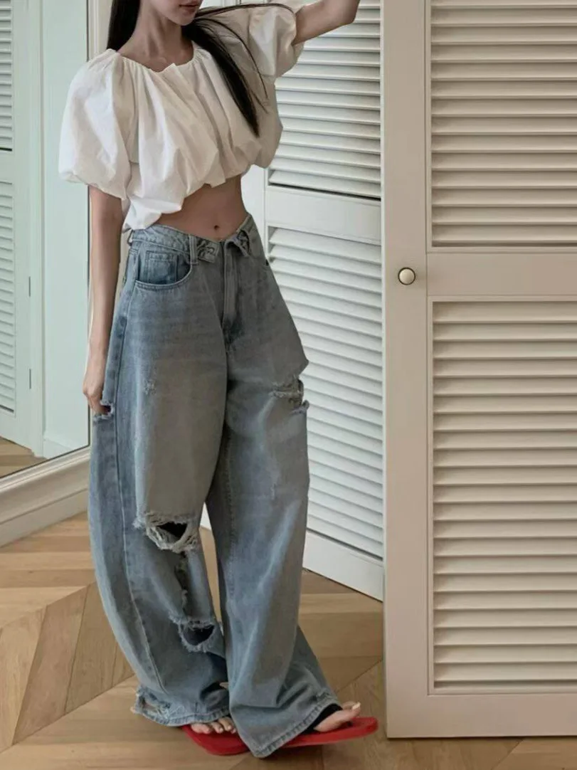 

Summer 2026 Loose Women's Jeans Blue Washed out Distressed Casual High Street Style Spring Cotton Soft Natural Waist Zipper